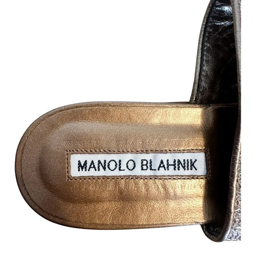 Manolo Blahnik Metallic Bronze Leather Mesh Toe Ring Flat Sandals Size 36